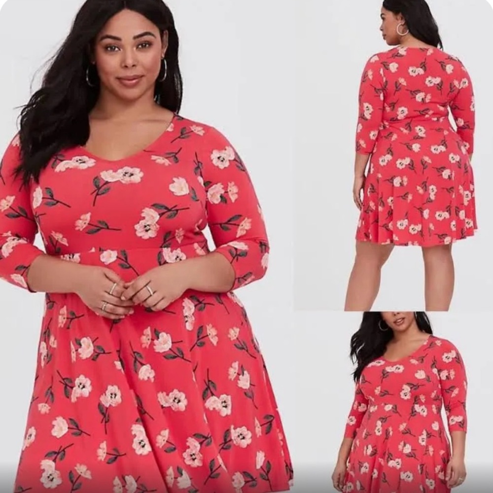 Studio Knit Torrid 3/4 Sleeve Skater Dress Red with Floral Print - 4X